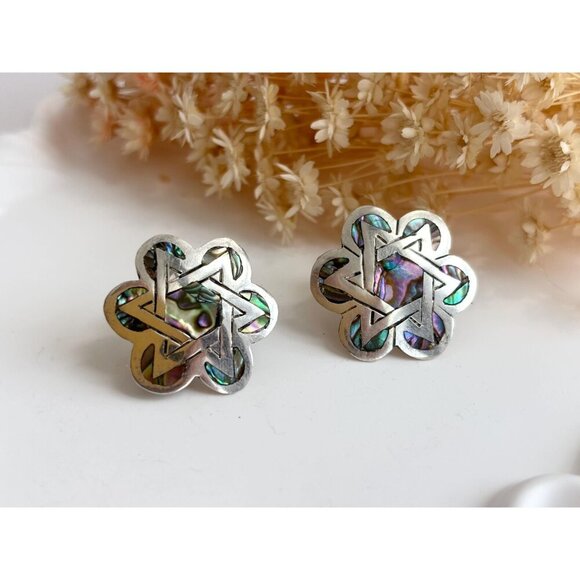 Star of David Abalone Floral Alpaca Mexican Sterling Silver Vintage Screw Studs - Picture 10 of 10